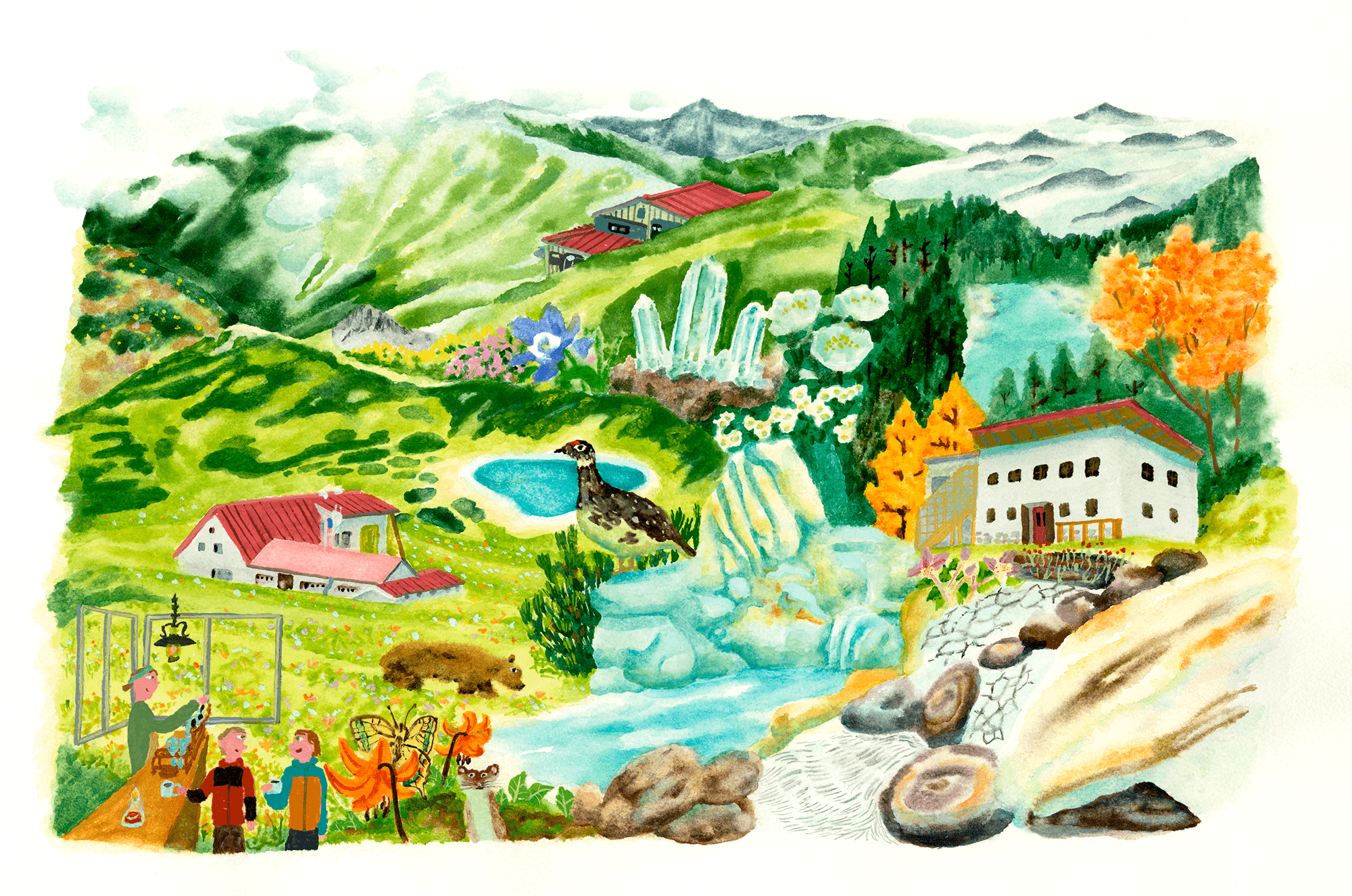 三俣山荘・水晶小屋・湯俣山荘の位置関係を表現したイラスト地図