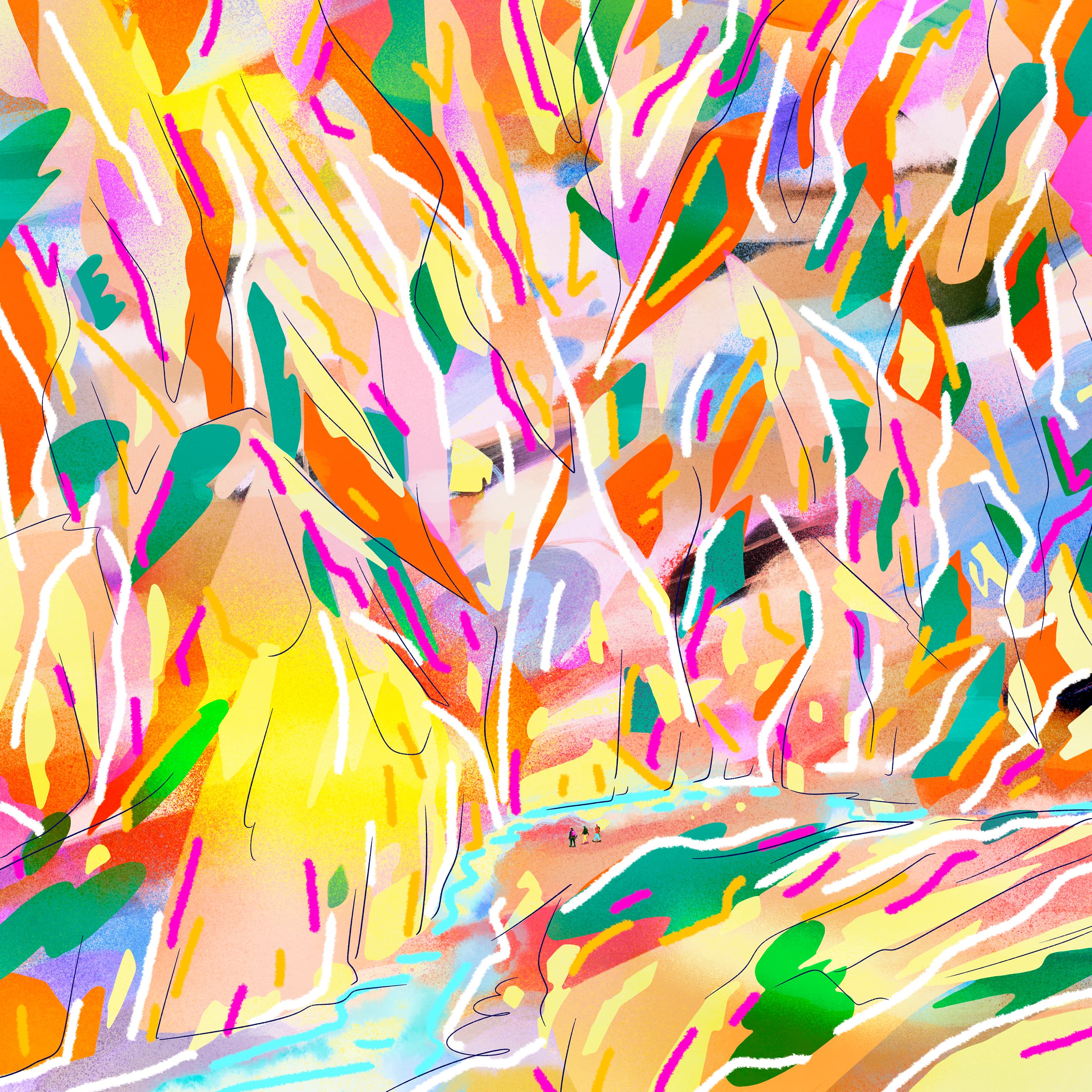 湯俣川の自然を描いた色鮮やかな抽象画イラスト